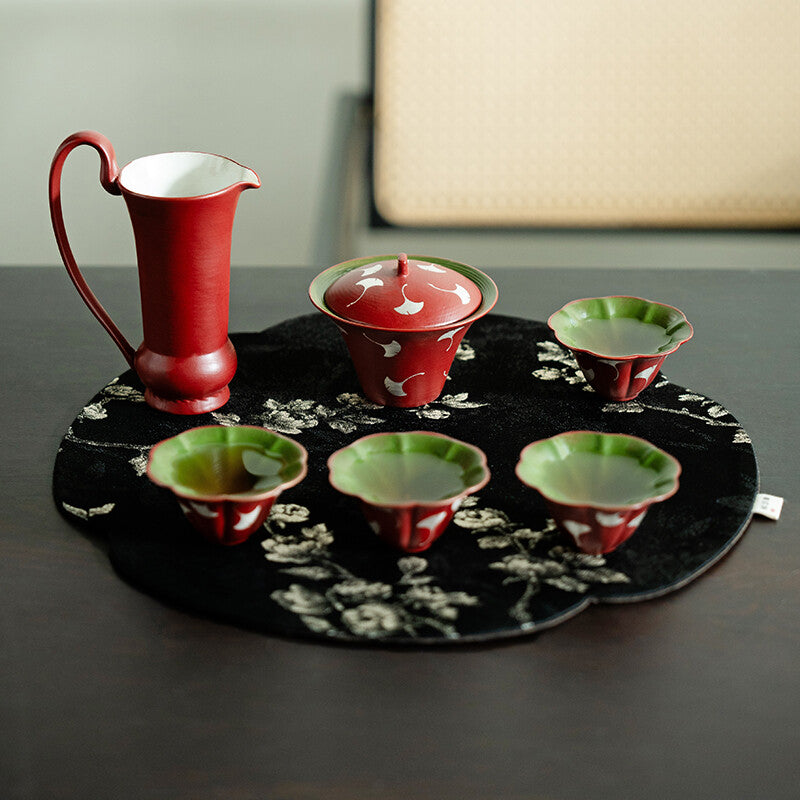 Ginkgo & Cinnabar — Slip-Painted Tea Service for Two, 6-Piece Set