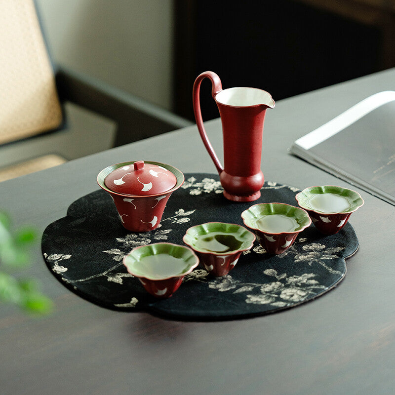 Ginkgo & Cinnabar — Slip-Painted Tea Service for Two, 6-Piece Set