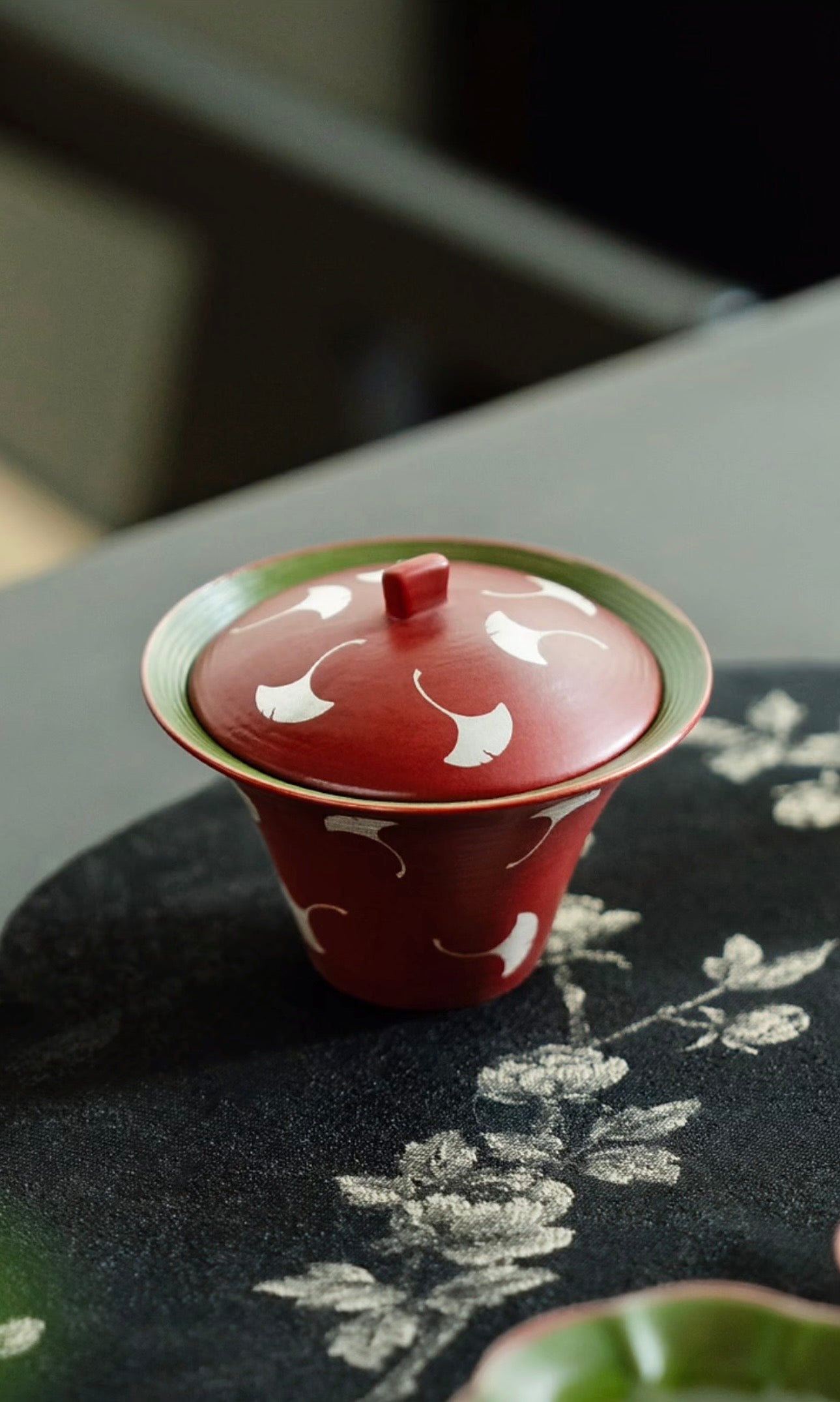 Ginkgo & Cinnabar — Slip-Painted Tea Service for Two, 6-Piece Set
