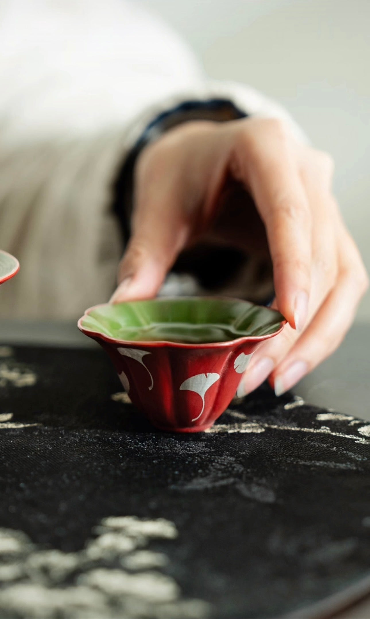 Ginkgo & Cinnabar — Slip-Painted Tea Service for Two, 6-Piece Set